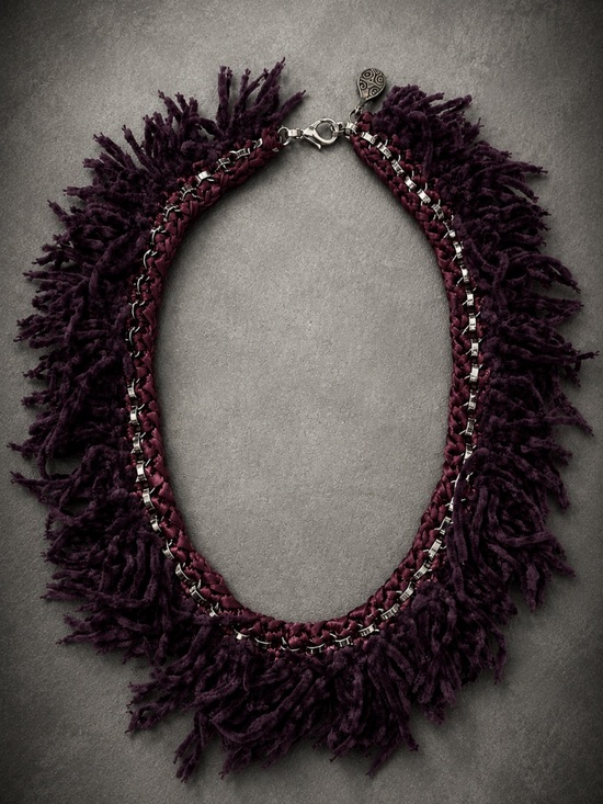 Dvora Harell Jewelry - Handcrafted Fringe Statement Necklace - Plum/ Silver Tone Chain Detail